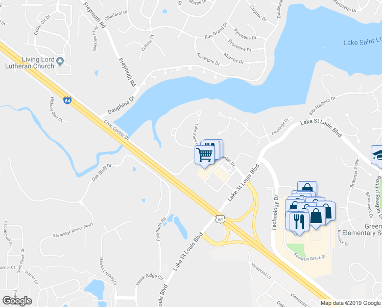 map of restaurants, bars, coffee shops, grocery stores, and more near 1616 Lake Knoll Drive in Lake Saint Louis