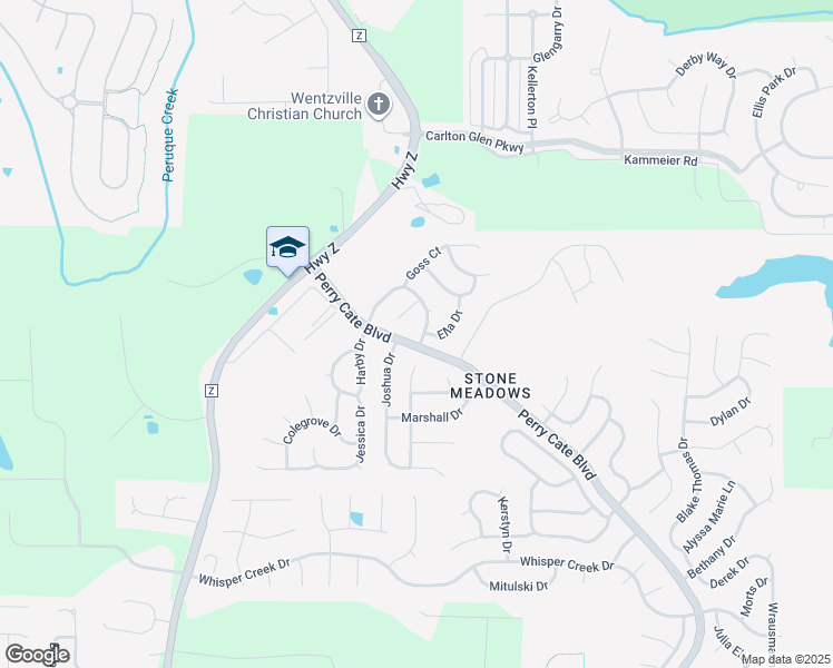map of restaurants, bars, coffee shops, grocery stores, and more near 258 John Charles Drive in Wentzville