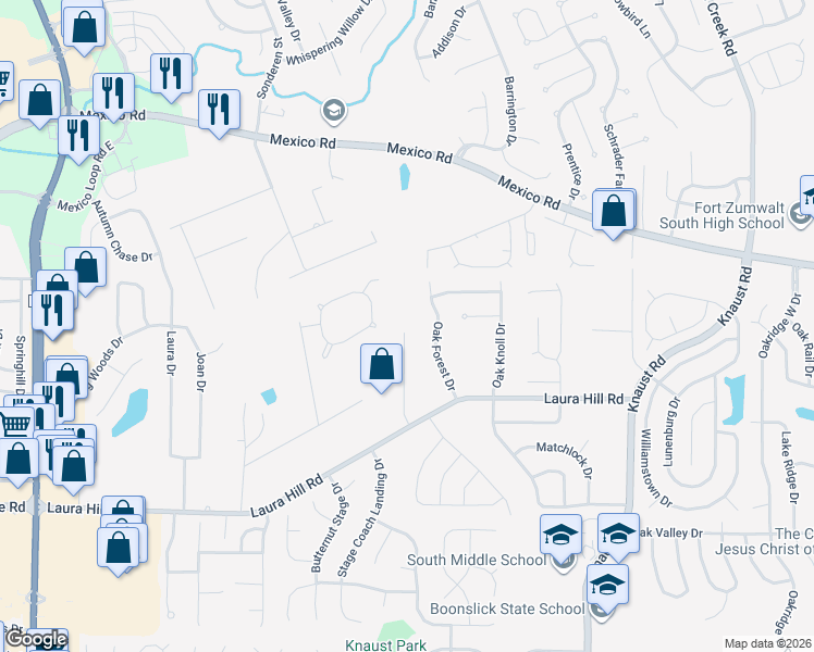 map of restaurants, bars, coffee shops, grocery stores, and more near 33 Oak Bend Lane in St. Peters