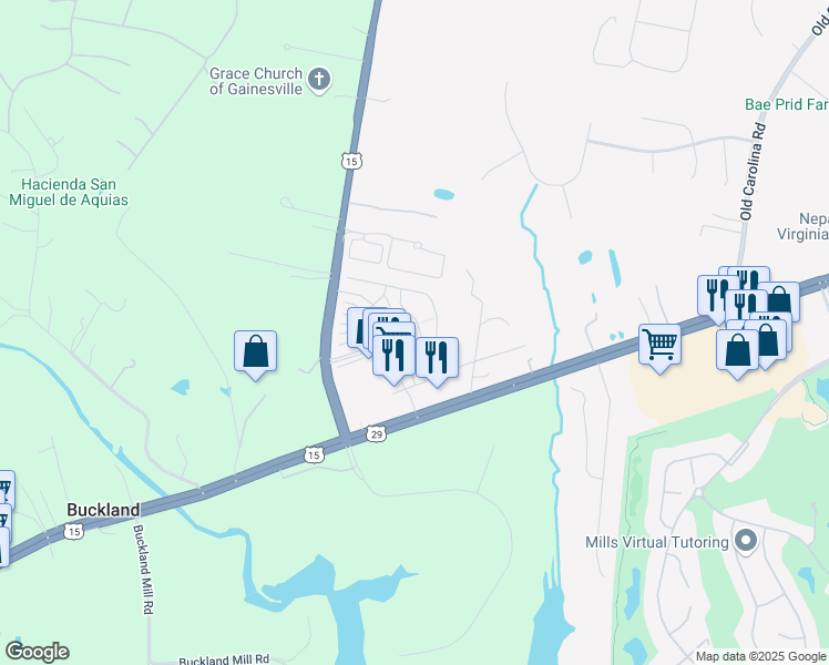 map of restaurants, bars, coffee shops, grocery stores, and more near 7766 Cedar Branch Drive in Gainesville