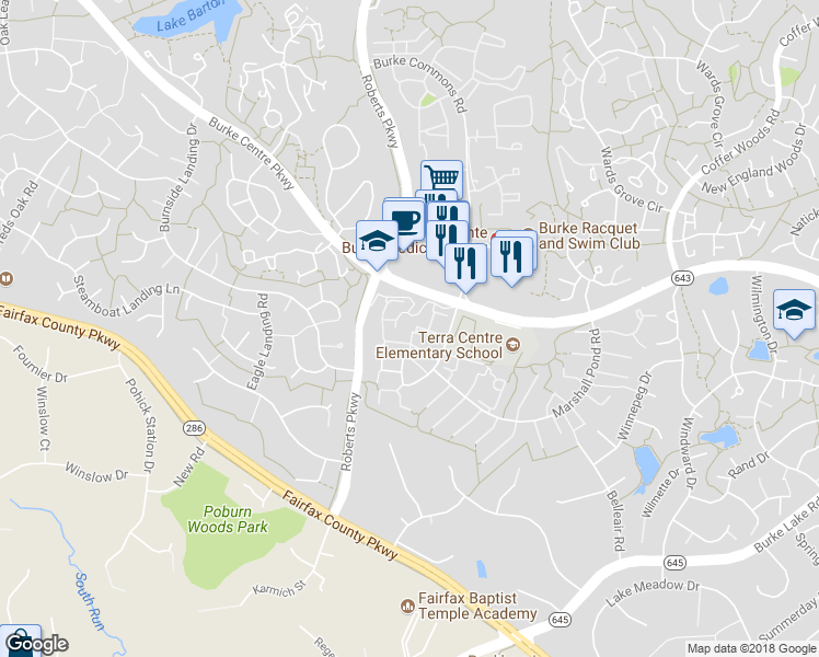 map of restaurants, bars, coffee shops, grocery stores, and more near 10236 Heron Pond Terrace in Burke