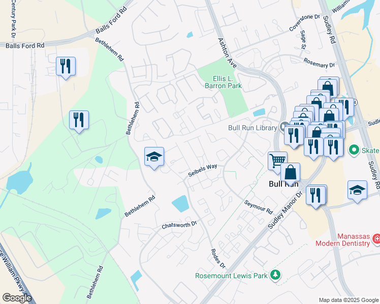 map of restaurants, bars, coffee shops, grocery stores, and more near 7821 Flager Circle in Manassas