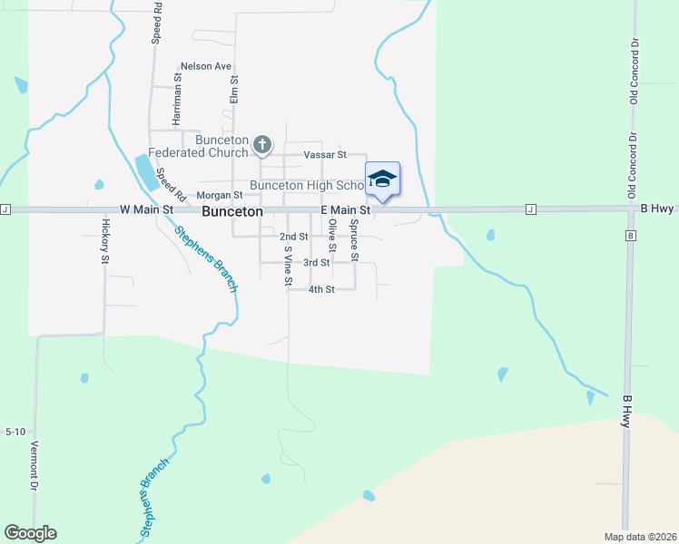 map of restaurants, bars, coffee shops, grocery stores, and more near 307 Olive Street in Bunceton