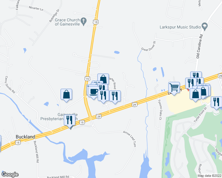 map of restaurants, bars, coffee shops, grocery stores, and more near 7775 Cedar Branch Drive in Gainesville