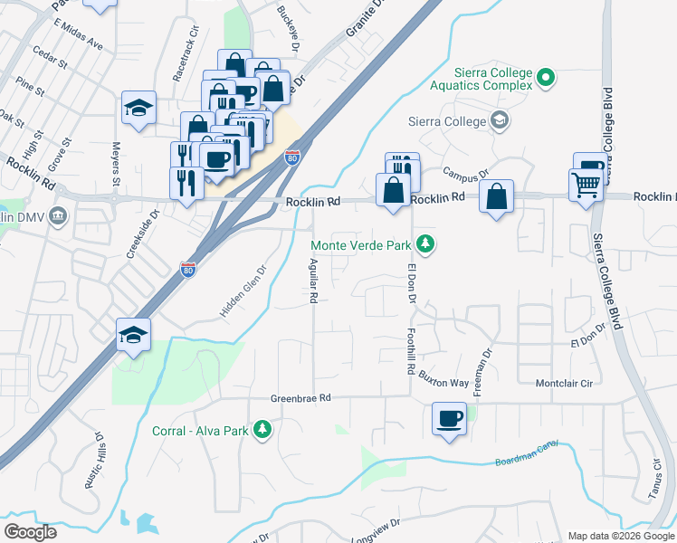 map of restaurants, bars, coffee shops, grocery stores, and more near 4718 Corona Circle in Rocklin