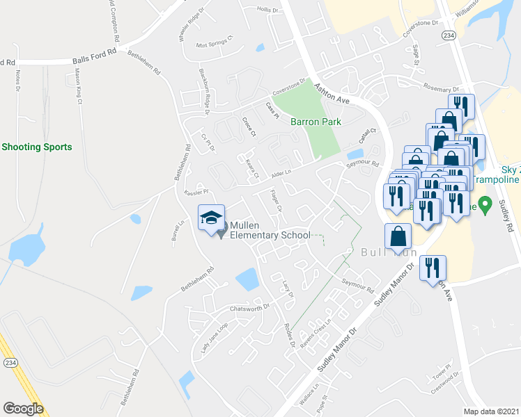 map of restaurants, bars, coffee shops, grocery stores, and more near 7821 Flager Circle in Manassas