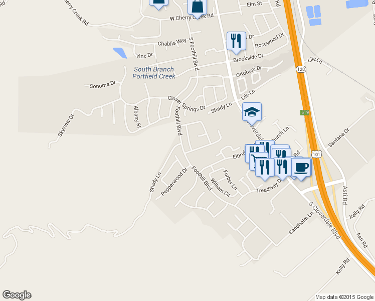 map of restaurants, bars, coffee shops, grocery stores, and more near 119 Primrose Lane in Cloverdale