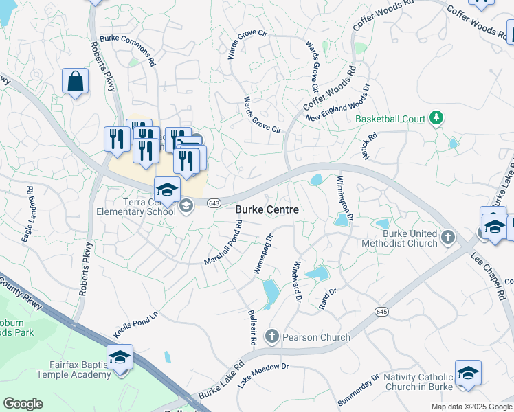 map of restaurants, bars, coffee shops, grocery stores, and more near 10019 Beacon Pond Lane in Burke