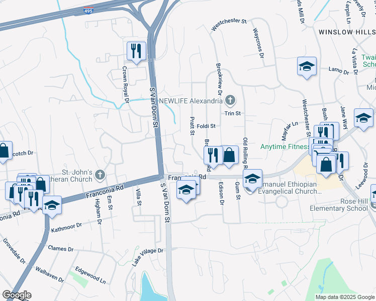 map of restaurants, bars, coffee shops, grocery stores, and more near 6109 Talavera Court in Alexandria