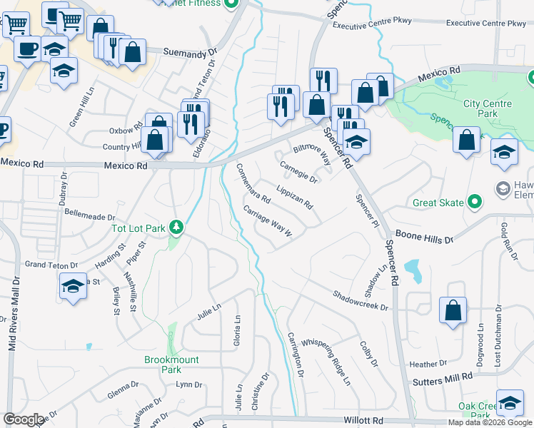 map of restaurants, bars, coffee shops, grocery stores, and more near 23 Carriage Way West in St. Peters