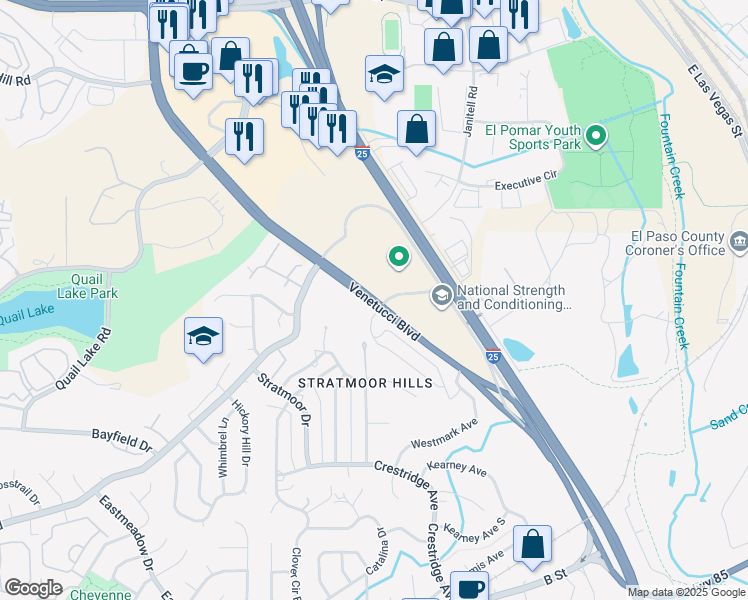 map of restaurants, bars, coffee shops, grocery stores, and more near 3205 CanAm Highway in Colorado Springs