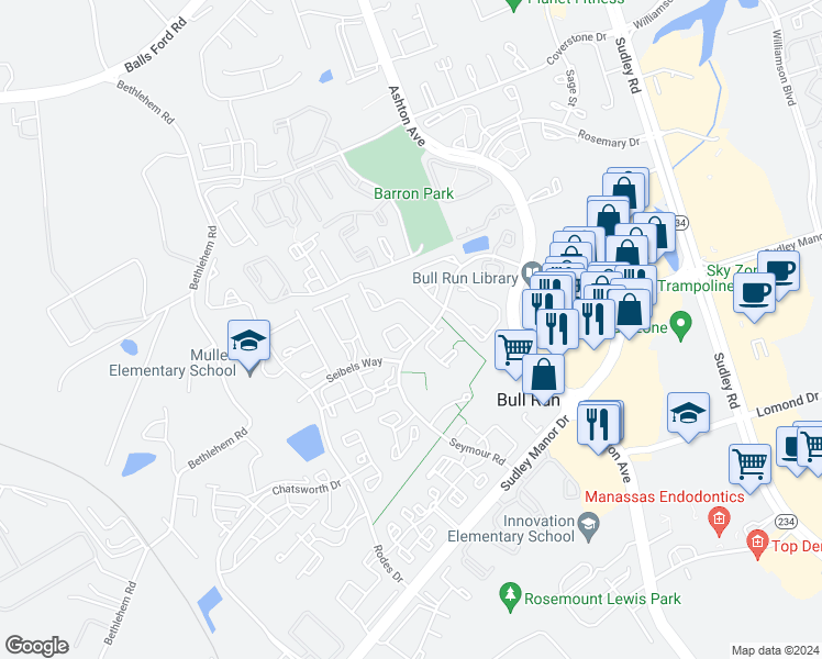 map of restaurants, bars, coffee shops, grocery stores, and more near 7795 Black Horse Court in Manassas