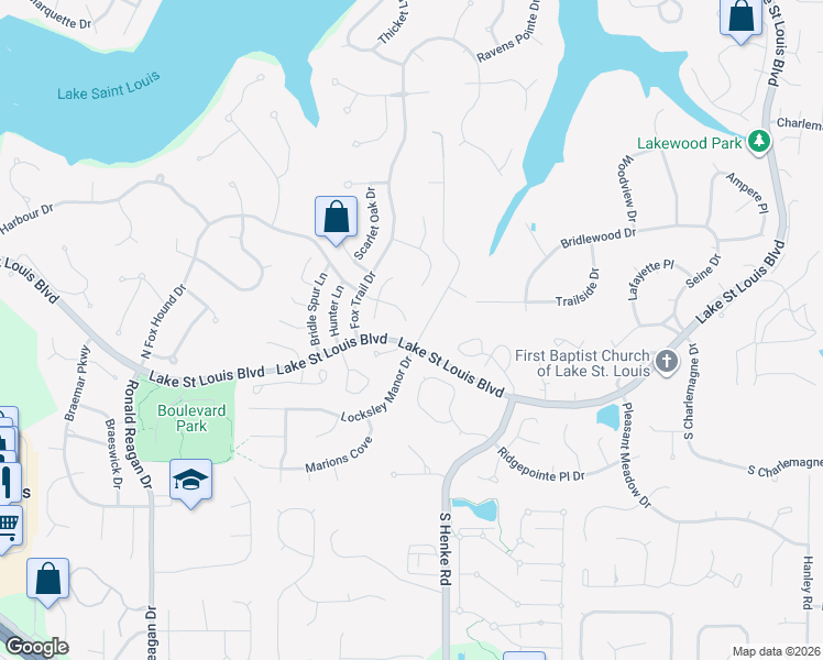 map of restaurants, bars, coffee shops, grocery stores, and more near 2355 Lake Saint Louis Boulevard in Lake Saint Louis