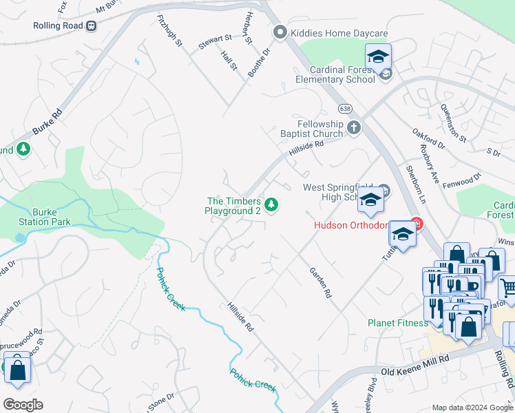 map of restaurants, bars, coffee shops, grocery stores, and more near 8763 Ridge Hollow Court in West Springfield