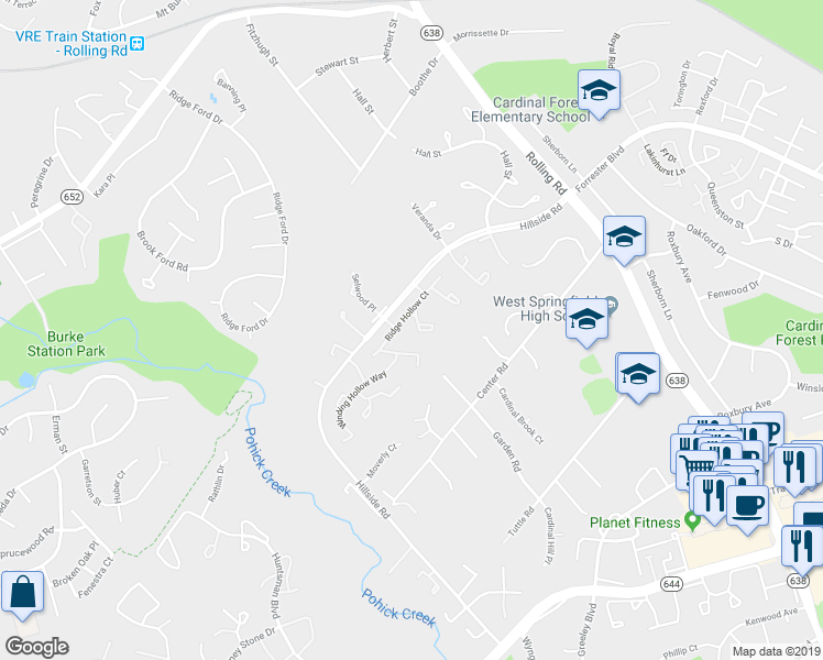 map of restaurants, bars, coffee shops, grocery stores, and more near 6060 Hollow Knoll Court in Springfield