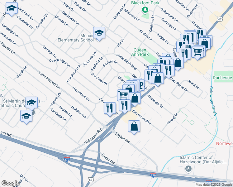 map of restaurants, bars, coffee shops, grocery stores, and more near 7403 Olian Drive in Hazelwood