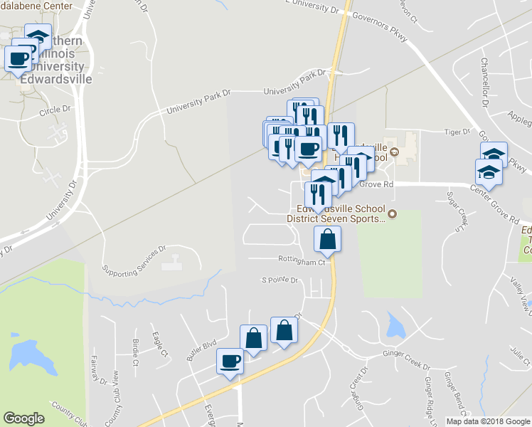 map of restaurants, bars, coffee shops, grocery stores, and more near 28 South Cherry Hills in Edwardsville