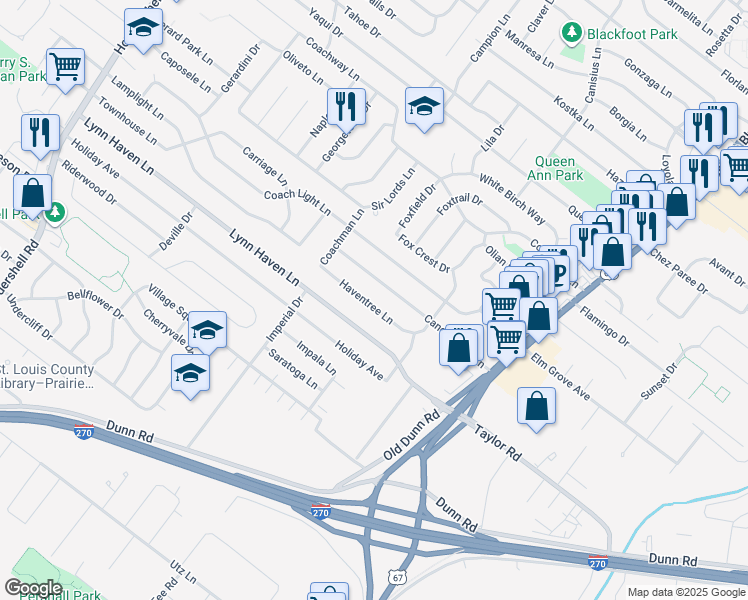 map of restaurants, bars, coffee shops, grocery stores, and more near 539 Haventree Lane in Hazelwood