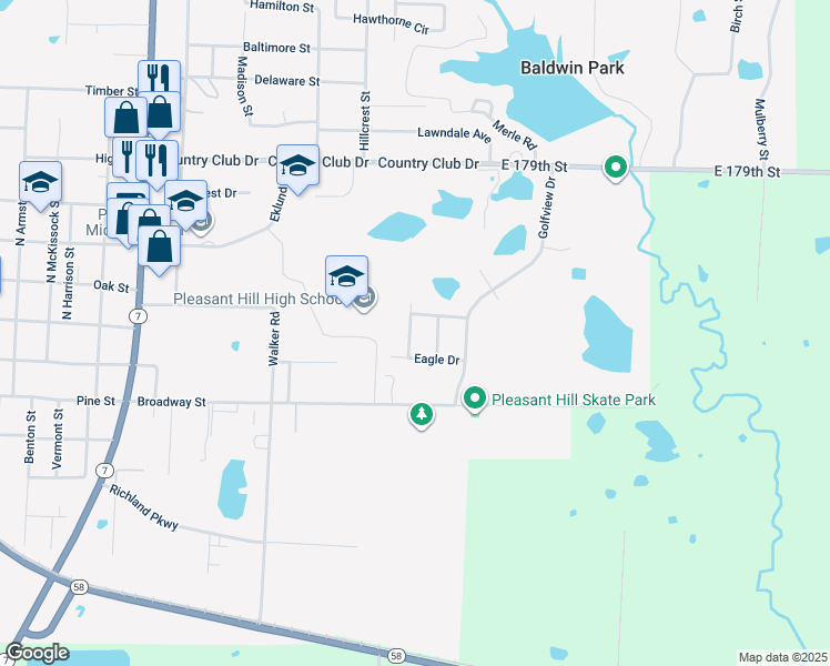 map of restaurants, bars, coffee shops, grocery stores, and more near 208 Palmer Court in Pleasant Hill