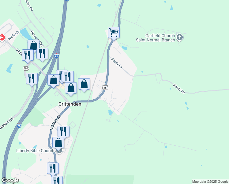 map of restaurants, bars, coffee shops, grocery stores, and more near 240 Markim Drive in Crittenden