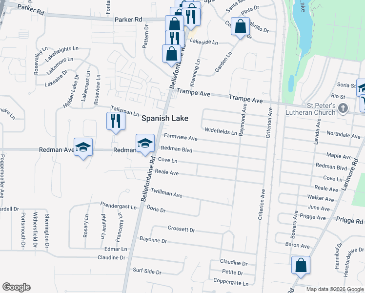 map of restaurants, bars, coffee shops, grocery stores, and more near 1526 Redman Boulevard in St. Louis