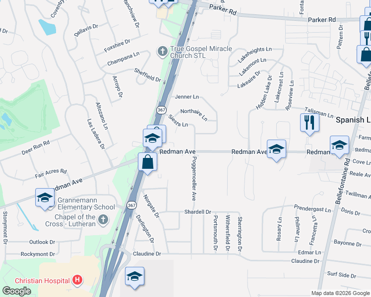 map of restaurants, bars, coffee shops, grocery stores, and more near 1910 Redman Road in St. Louis