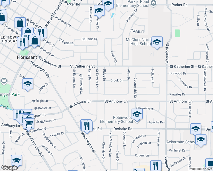 map of restaurants, bars, coffee shops, grocery stores, and more near 24 Country Lane in Florissant