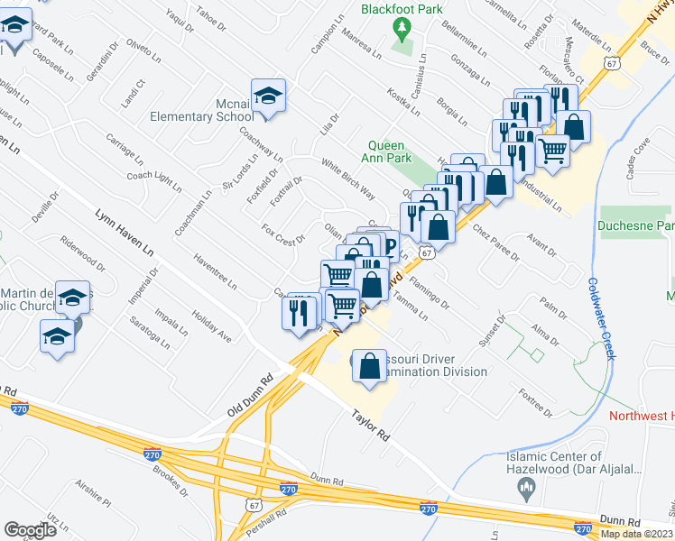 map of restaurants, bars, coffee shops, grocery stores, and more near 421 Elm Grove Lane in Hazelwood