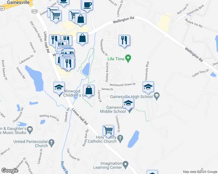 map of restaurants, bars, coffee shops, grocery stores, and more near 13740 Senea Drive in Gainesville