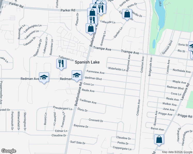 map of restaurants, bars, coffee shops, grocery stores, and more near 1526 Redman Boulevard in St. Louis