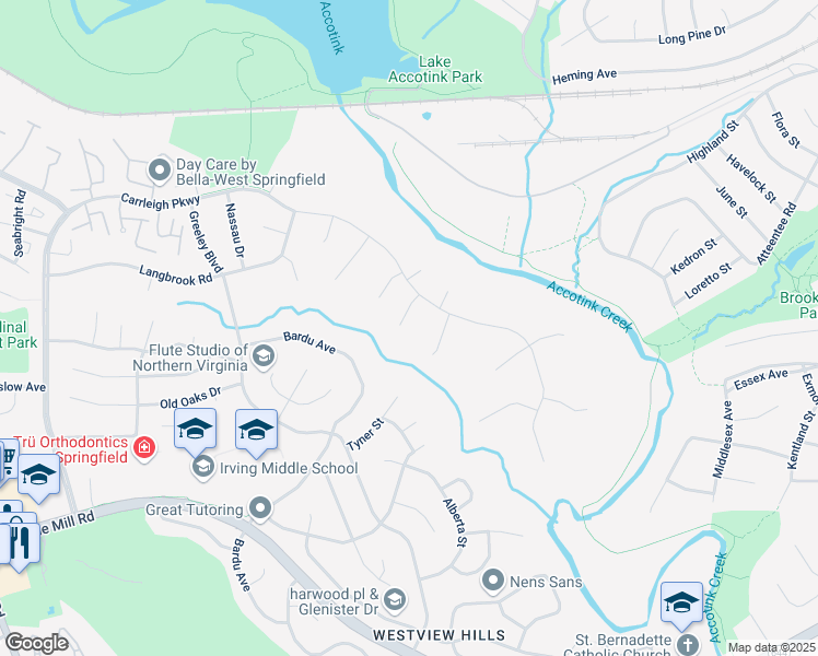 map of restaurants, bars, coffee shops, grocery stores, and more near 6107 Greenlawn Court in West Springfield