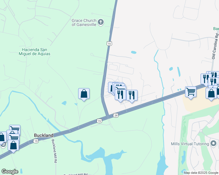 map of restaurants, bars, coffee shops, grocery stores, and more near 16083 Haygrath Place in Gainesville