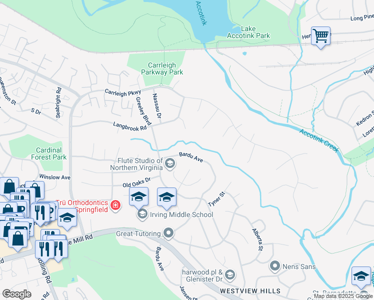 map of restaurants, bars, coffee shops, grocery stores, and more near 6115 Bardu Avenue in West Springfield