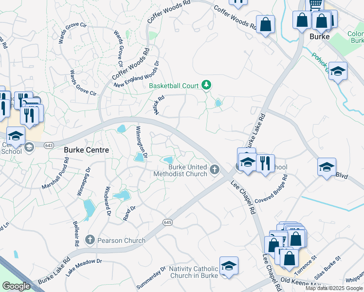 map of restaurants, bars, coffee shops, grocery stores, and more near 9830 Burke Pond Lane in Burke