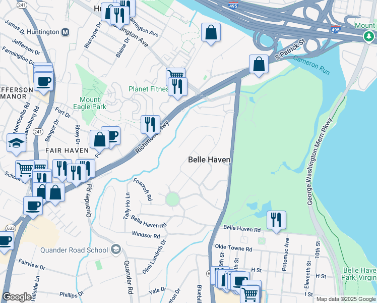 map of restaurants, bars, coffee shops, grocery stores, and more near 6100 Edgewood Terrace in Alexandria