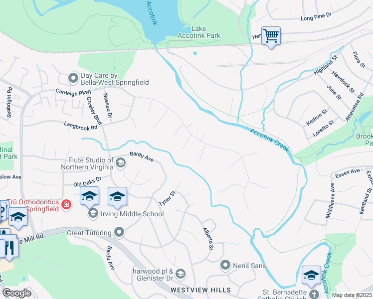 map of restaurants, bars, coffee shops, grocery stores, and more near 6107 Greenlawn Court in West Springfield
