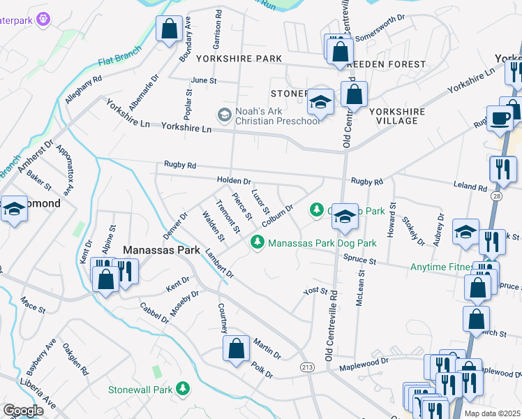 map of restaurants, bars, coffee shops, grocery stores, and more near 107 Luxor Street in Manassas Park