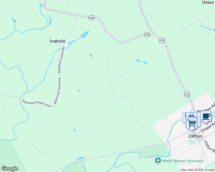 map of restaurants, bars, coffee shops, grocery stores, and more near 7122 Ivakota Road in Clifton