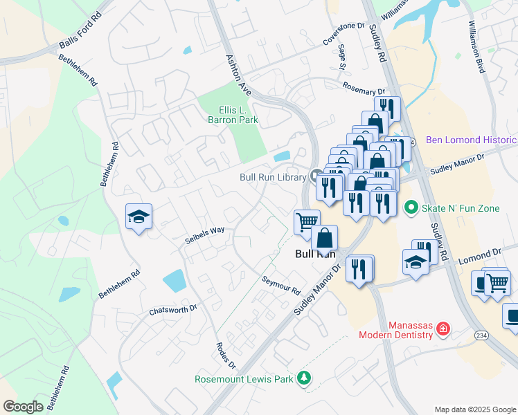 map of restaurants, bars, coffee shops, grocery stores, and more near 10845 Caraway Circle in Manassas