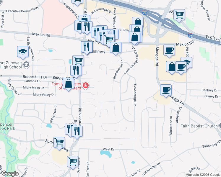 map of restaurants, bars, coffee shops, grocery stores, and more near 125 Gailwood Drive in St. Peters