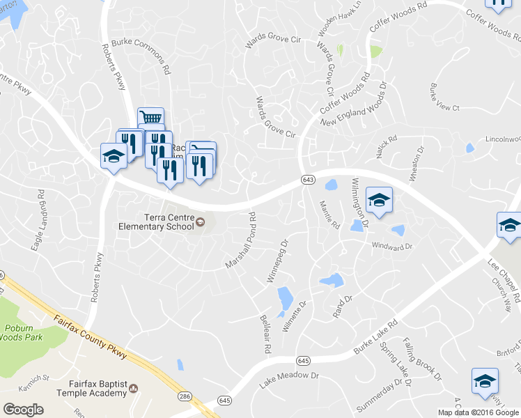 map of restaurants, bars, coffee shops, grocery stores, and more near 10005 Beacon Pond Lane in Burke
