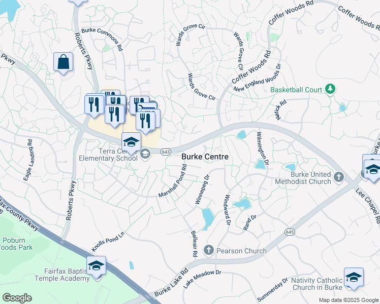 map of restaurants, bars, coffee shops, grocery stores, and more near 10005 Beacon Pond Lane in Burke