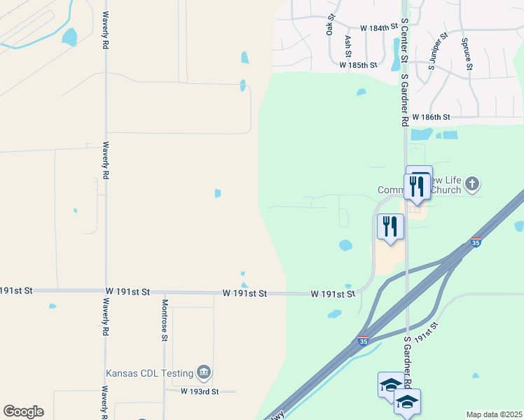 map of restaurants, bars, coffee shops, grocery stores, and more near 30125 West 187th Street in Gardner