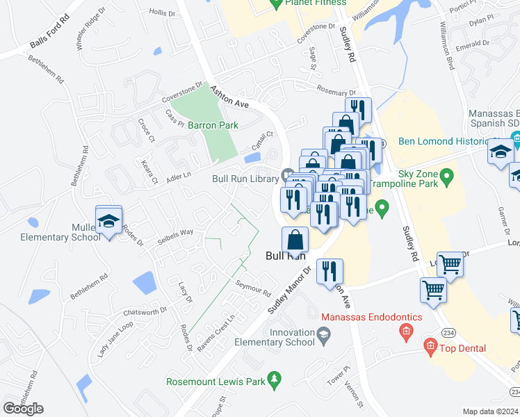 map of restaurants, bars, coffee shops, grocery stores, and more near 7886 Blue Gray Circle in Manassas