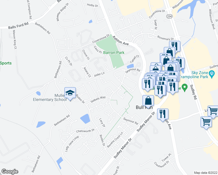 map of restaurants, bars, coffee shops, grocery stores, and more near 7752 Black Horse Court in Manassas