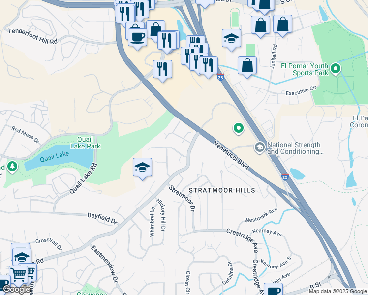 map of restaurants, bars, coffee shops, grocery stores, and more near 1590 Witches Willow Lane in Colorado Springs