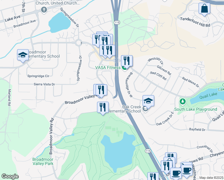 map of restaurants, bars, coffee shops, grocery stores, and more near 3133 Broadmoor Valley Road in Colorado Springs