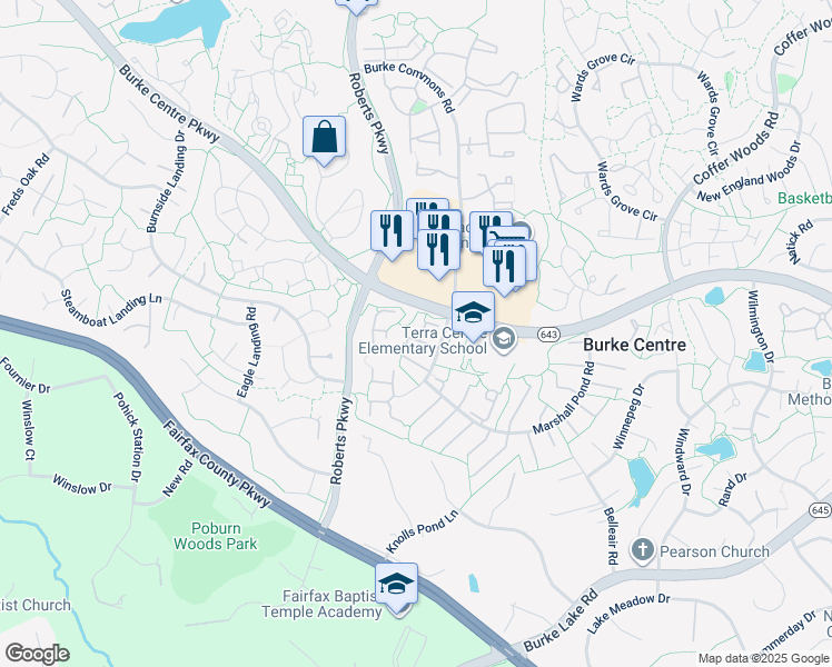 map of restaurants, bars, coffee shops, grocery stores, and more near 10214 Heron Pond Terrace in Burke