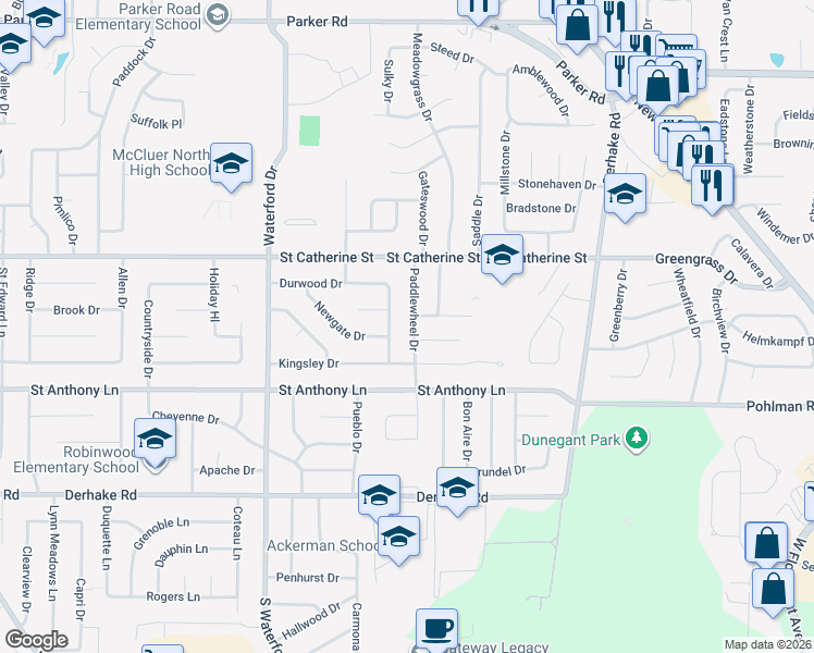 map of restaurants, bars, coffee shops, grocery stores, and more near 410 Paddlewheel Drive in Florissant