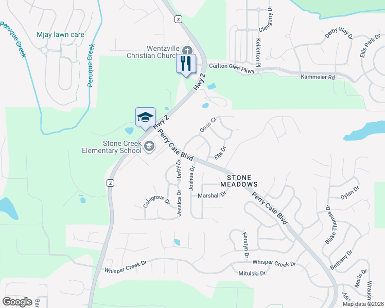 map of restaurants, bars, coffee shops, grocery stores, and more near 5001 Joshua Drive in Wentzville